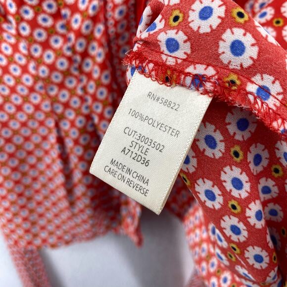 MAX STUDIO Top L Peasant Floral Print Blouse Smocked Tie Front 3/4 Sleeve Red - Picture 6 of 9